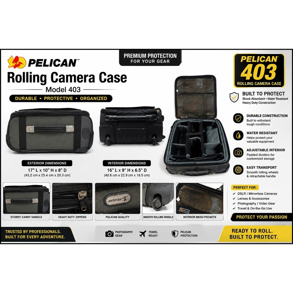 Pelican Rolling‎ Camera Bag Olive Green Black Soft Case Padded Dividers Wheels